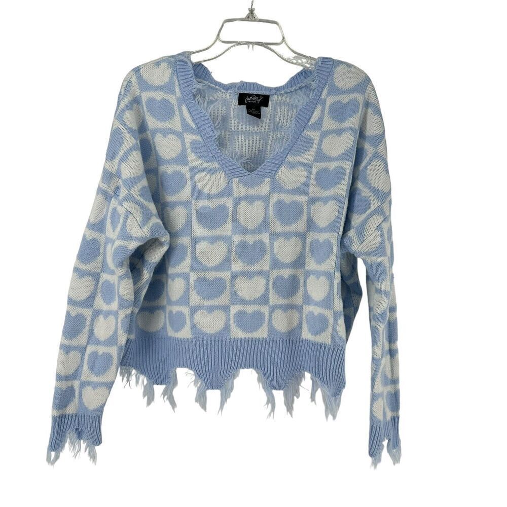 Checkerboard Sweater Blue Heart Oversized Fringe V Neck Crop Size M Just Polly